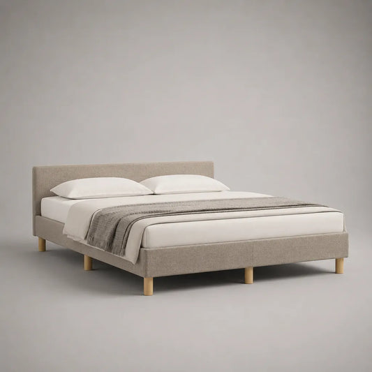 Polsterbett Doppelbett mit Kopfteil aus Polyester und Kiefer-Massivholz, Beige/Natur, Liegefläche 180 × 200 cm, Außenmaß 188 × 215 × 100 cm