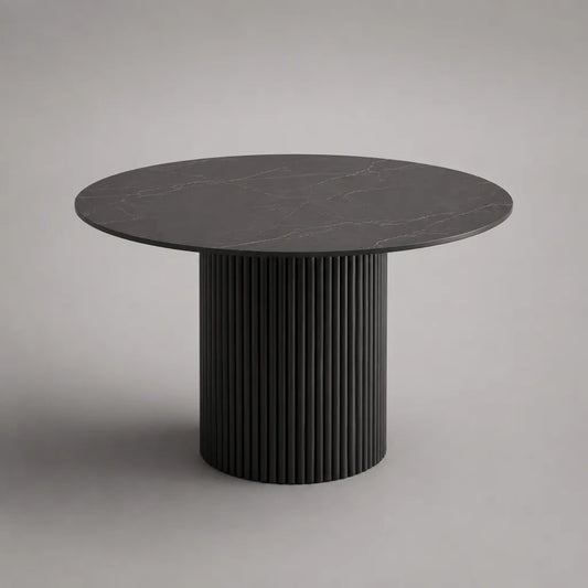 Runder Esstisch mit Sintersteinplatte und geriffeltem MDF-Säulenfuß, Schwarz/Grau, Ø 120 × H 75 cm