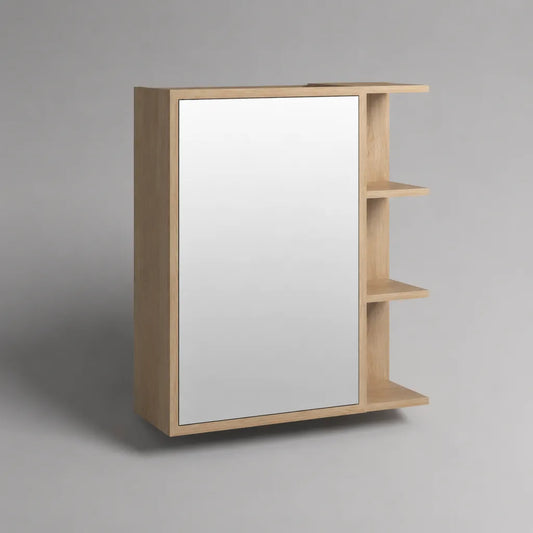 Bad-Spiegelschrank mit Spiegeltür und 3 offenen Ablagefächern, melaminbeschichtete Spanplatte, Eiche Natur, 60 × 70 × 15 cm