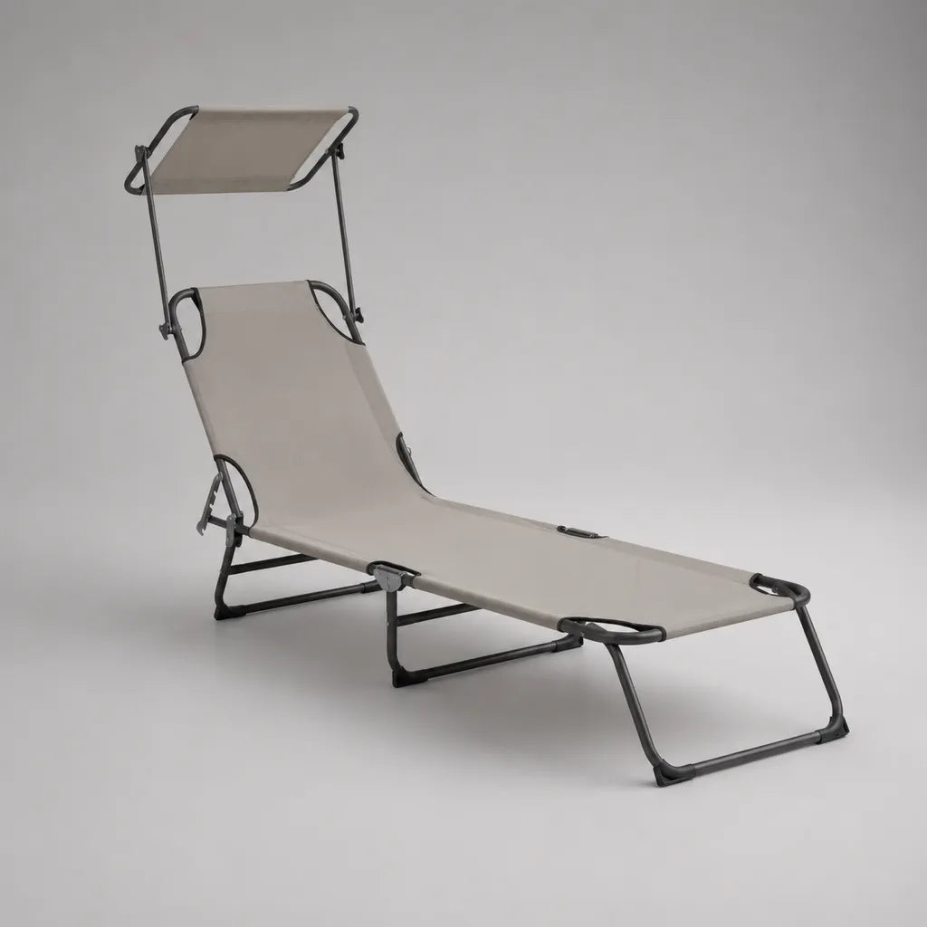 Klappbare Gartenliege mit verstellbarer Rückenlehne und Sonnendach, Stahl und PVC-beschichtetes Polyestergewebe, 189 × 58 × 110 cm, Beige/Anthrazit