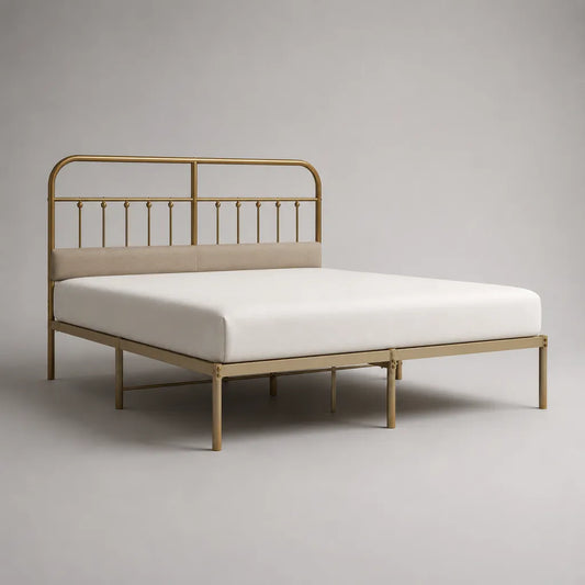 Metallbett Doppelbett aus pulverbeschichtetem Stahl mit gepolstertem Kopfteil, goldfarben und beige, 166 x 208 x 110 cm, Liegefläche 160 x 200 cm
